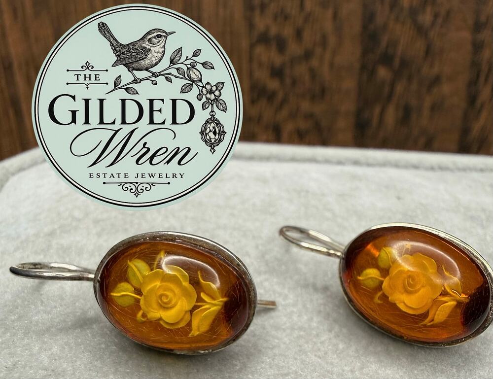 Polish Baltic Amber Carved Rose Sterling Silver Earrings Vintage 925 Floral